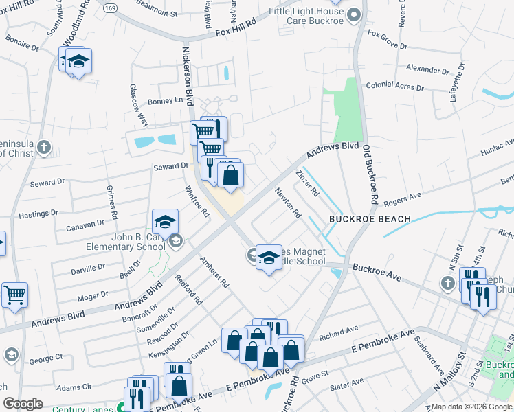 map of restaurants, bars, coffee shops, grocery stores, and more near 1931 Demetro Drive in Hampton