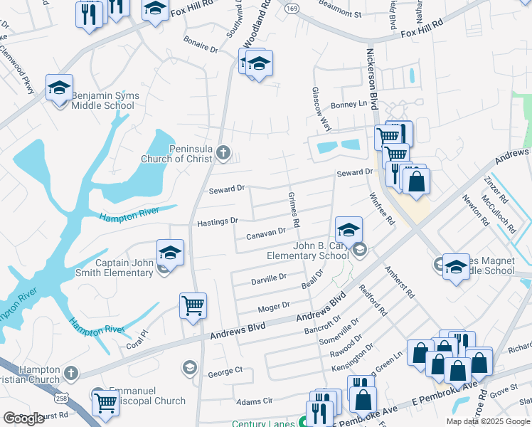 map of restaurants, bars, coffee shops, grocery stores, and more near 1500 Cronin Drive in Hampton