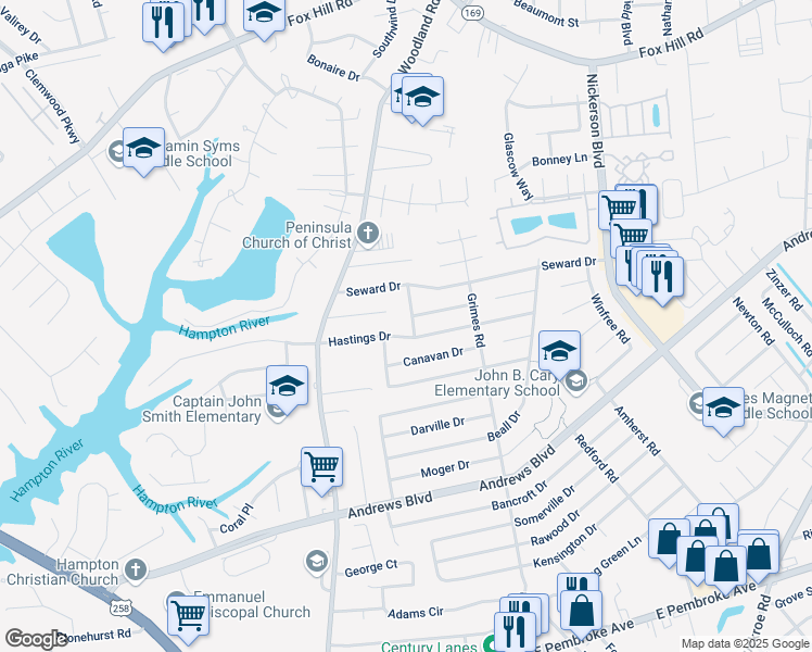 map of restaurants, bars, coffee shops, grocery stores, and more near 1500 Cronin Drive in Hampton
