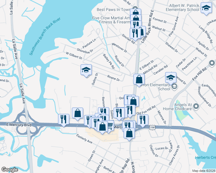 map of restaurants, bars, coffee shops, grocery stores, and more near 200 Boswell Drive in Hampton