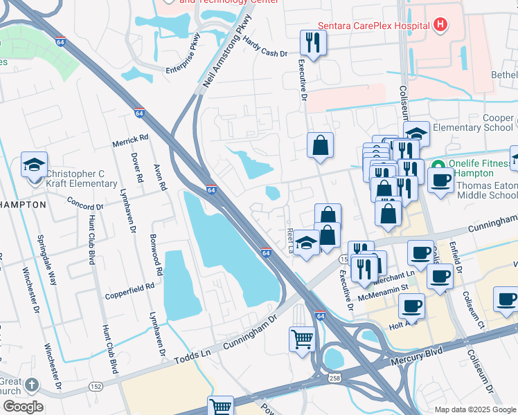 map of restaurants, bars, coffee shops, grocery stores, and more near 1100 Lake Ridge Road in Hampton