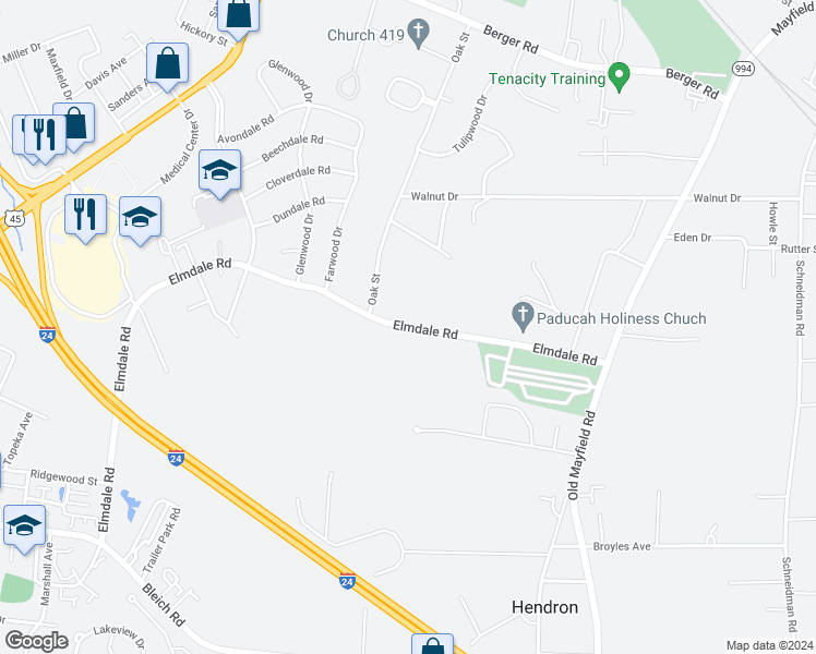 map of restaurants, bars, coffee shops, grocery stores, and more near Elmdale Road in Paducah