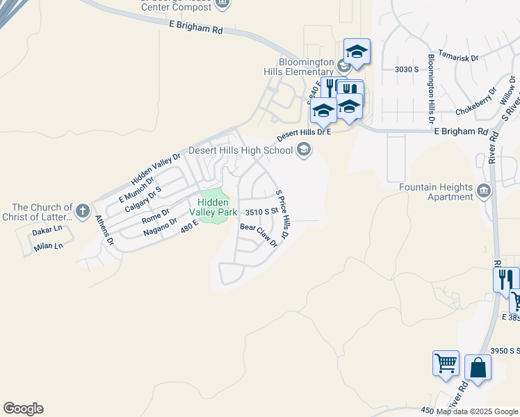 map of restaurants, bars, coffee shops, grocery stores, and more near 668 3470 South Street in St. George