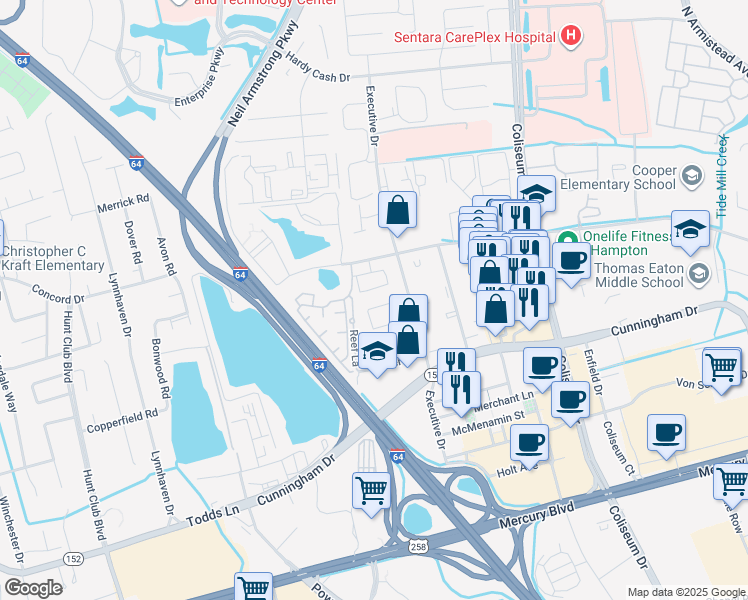 map of restaurants, bars, coffee shops, grocery stores, and more near 500 Benevita Place in Hampton
