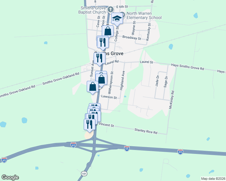 map of restaurants, bars, coffee shops, grocery stores, and more near 201-299 Rumsey Ave in Smiths Grove