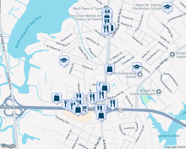 map of restaurants, bars, coffee shops, grocery stores, and more near 113 Roane Drive in Hampton