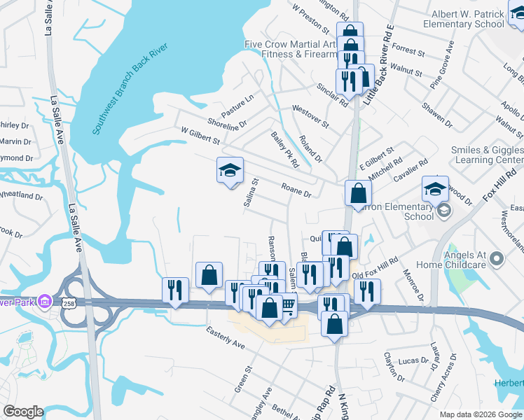map of restaurants, bars, coffee shops, grocery stores, and more near 211 Courtney Drive in Hampton