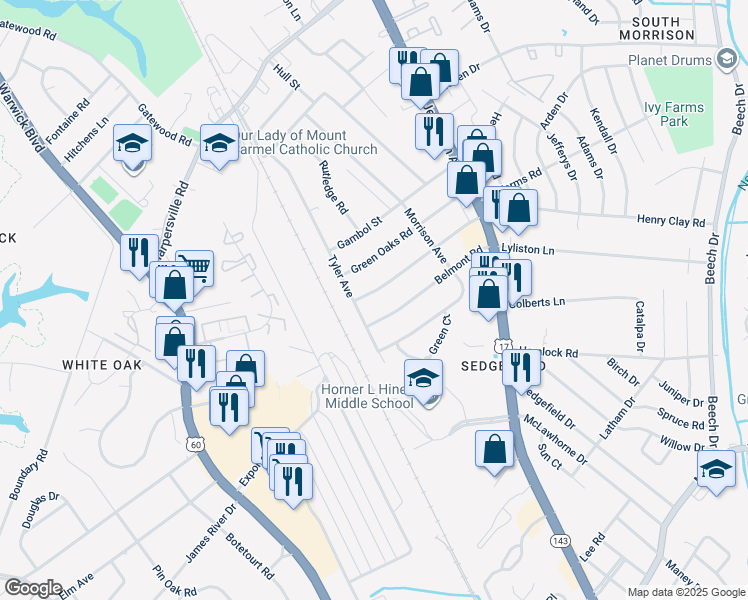 map of restaurants, bars, coffee shops, grocery stores, and more near 49 Greenwood Road in Newport News