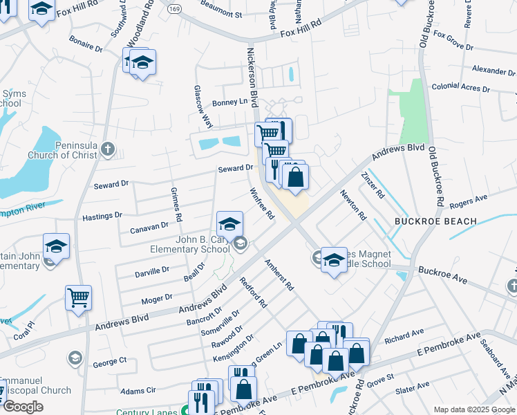 map of restaurants, bars, coffee shops, grocery stores, and more near 2012 Brown Circle in Hampton