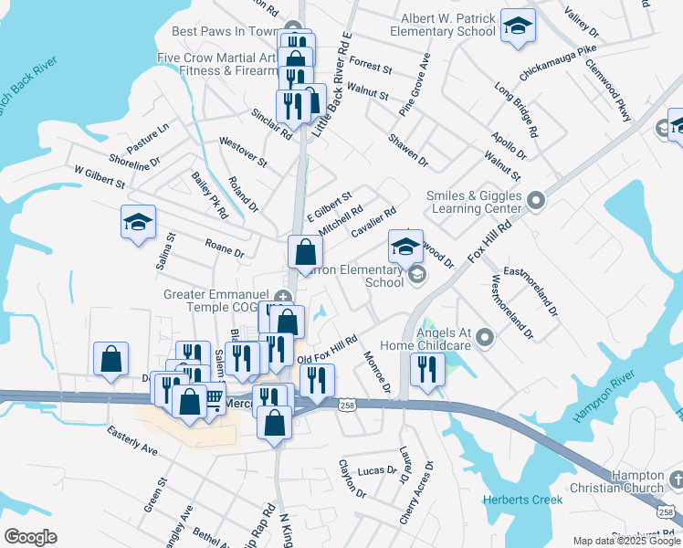 map of restaurants, bars, coffee shops, grocery stores, and more near 22 Longwood Drive in Hampton