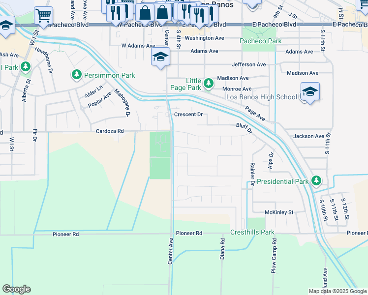 map of restaurants, bars, coffee shops, grocery stores, and more near Pinelli Dr in Los Banos