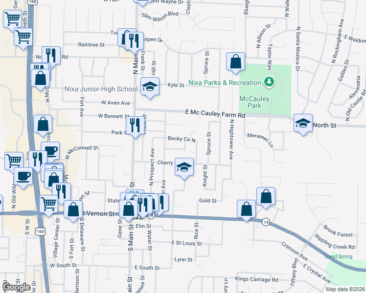 map of restaurants, bars, coffee shops, grocery stores, and more near 336 Becky Circle North in Nixa