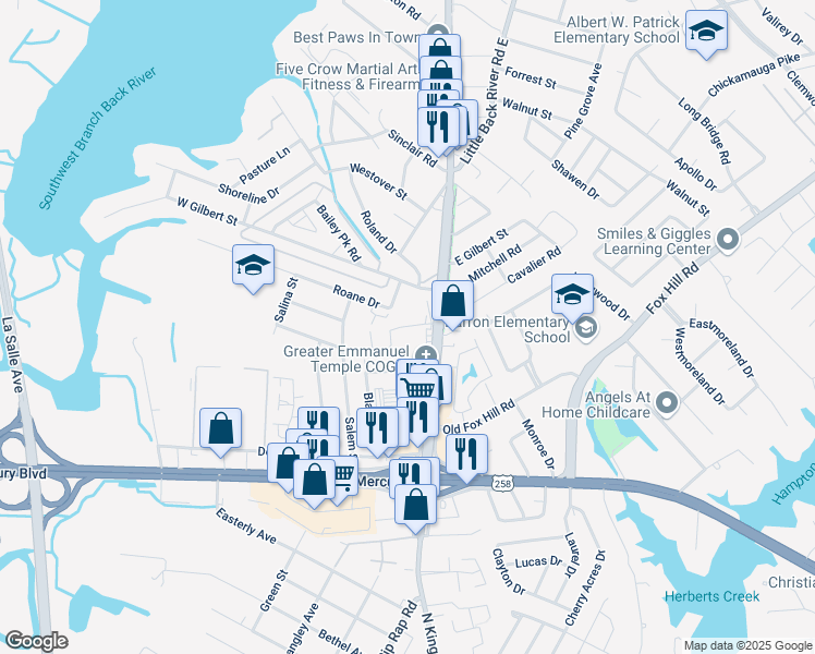 map of restaurants, bars, coffee shops, grocery stores, and more near 156 Lantana Lane in Hampton