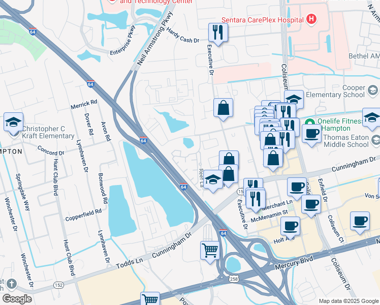 map of restaurants, bars, coffee shops, grocery stores, and more near 1100 Lake Ridge Road in Hampton