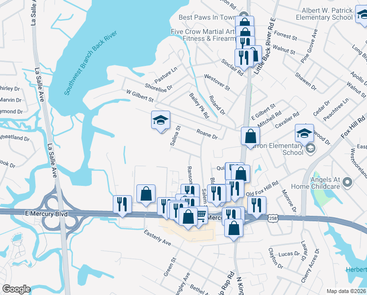 map of restaurants, bars, coffee shops, grocery stores, and more near 211 Courtney Dr in Hampton