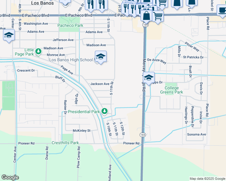 map of restaurants, bars, coffee shops, grocery stores, and more near 1916 South 11th Street in Los Banos
