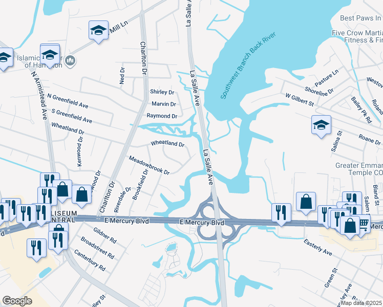map of restaurants, bars, coffee shops, grocery stores, and more near 2 Wheatland Drive in Hampton