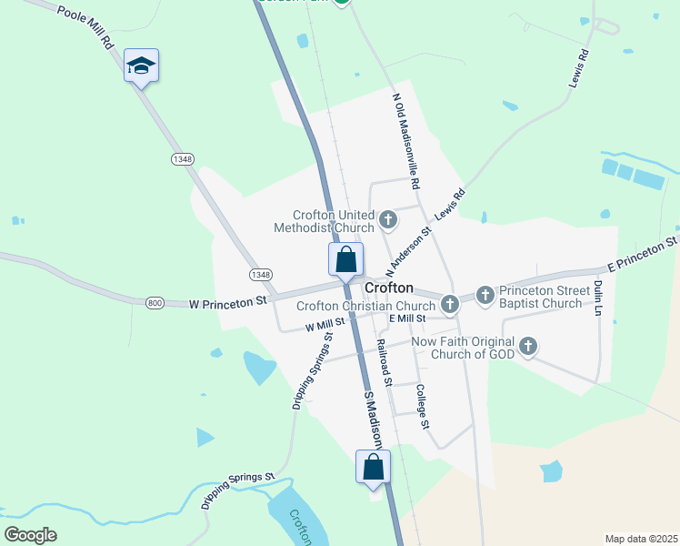 map of restaurants, bars, coffee shops, grocery stores, and more near 111 North Madisonville Street in Crofton
