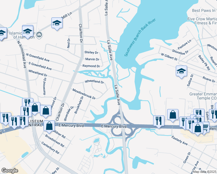 map of restaurants, bars, coffee shops, grocery stores, and more near 2 Wheatland Drive in Hampton