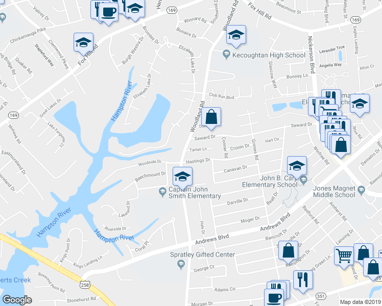 map of restaurants, bars, coffee shops, grocery stores, and more near 1402 Tartan Lane in Hampton