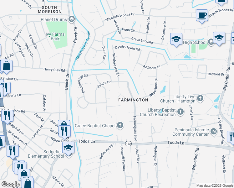 map of restaurants, bars, coffee shops, grocery stores, and more near 13 Whetstone Drive in Hampton