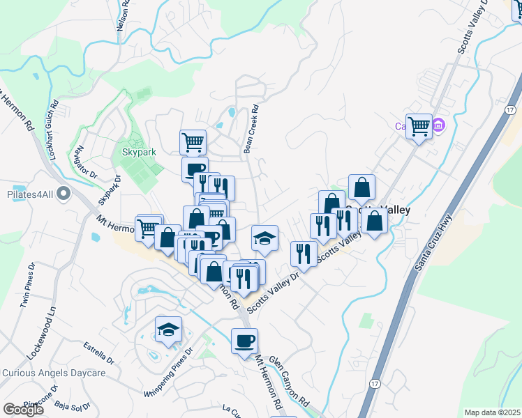 map of restaurants, bars, coffee shops, grocery stores, and more near 194 Bean Creek Road in Scotts Valley