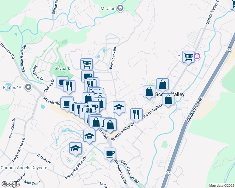 map of restaurants, bars, coffee shops, grocery stores, and more near 102 Oak Lane in Scotts Valley