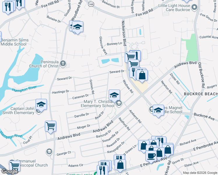 map of restaurants, bars, coffee shops, grocery stores, and more near 1914 Hastings Drive in Hampton