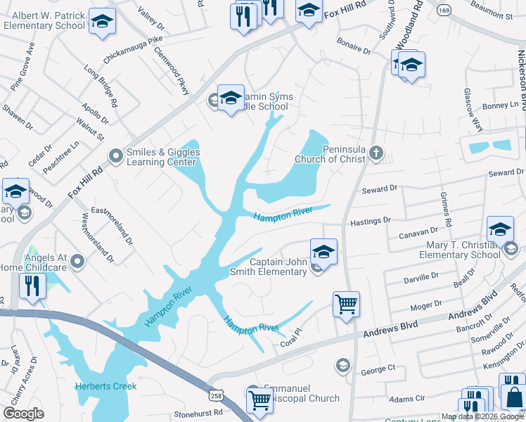 map of restaurants, bars, coffee shops, grocery stores, and more near 407 Elizabeth Lake Drive in Hampton