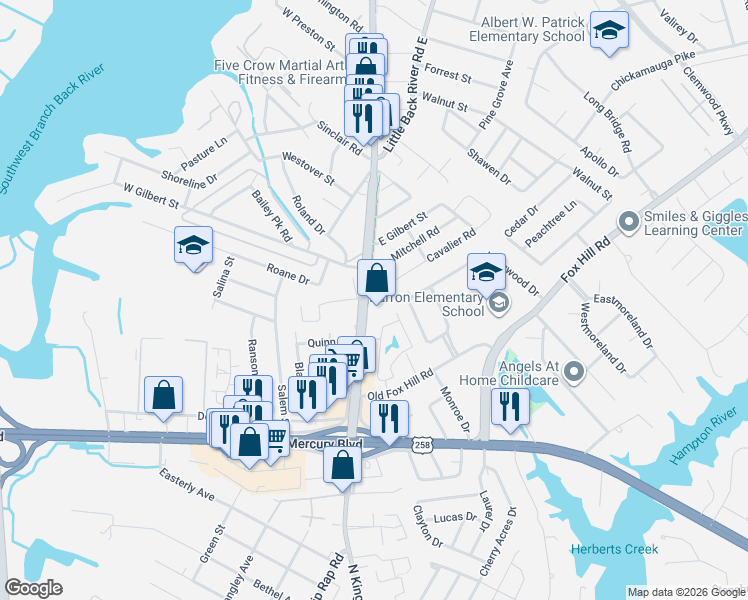 map of restaurants, bars, coffee shops, grocery stores, and more near 4 Cavalier Road in Hampton