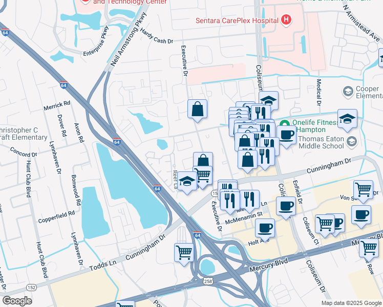 map of restaurants, bars, coffee shops, grocery stores, and more near 500 Benevita Place in Hampton