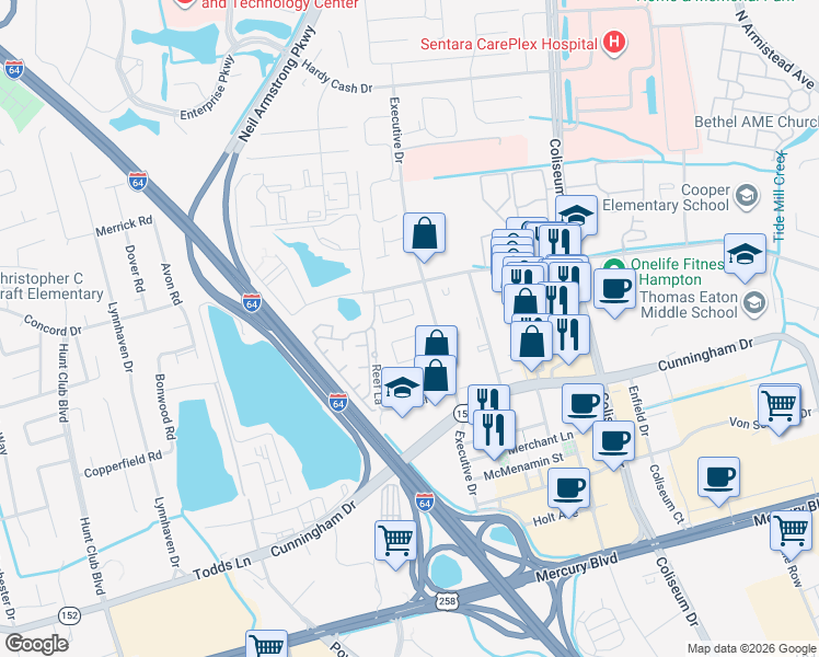 map of restaurants, bars, coffee shops, grocery stores, and more near 500 Benevita Place in Hampton
