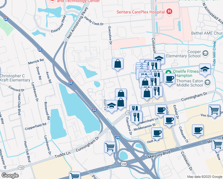 map of restaurants, bars, coffee shops, grocery stores, and more near 500 Benevita Place in Hampton