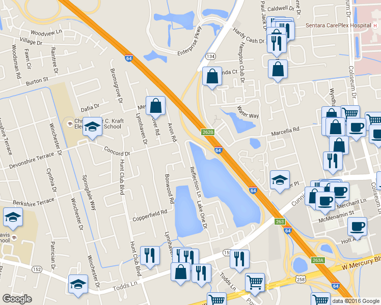 map of restaurants, bars, coffee shops, grocery stores, and more near 27 Reflection Lane in Hampton