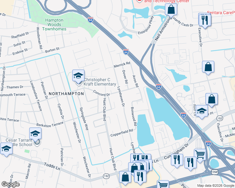 map of restaurants, bars, coffee shops, grocery stores, and more near 145 Lynnhaven Drive in Hampton