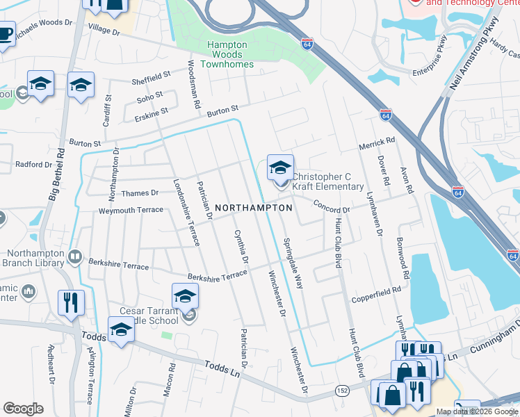 map of restaurants, bars, coffee shops, grocery stores, and more near 227 Springdale Way in Hampton