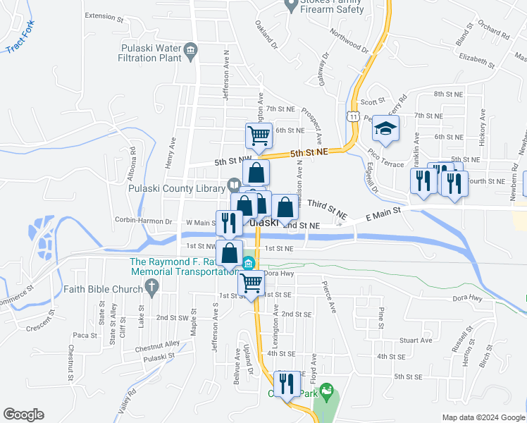 map of restaurants, bars, coffee shops, grocery stores, and more near in Pulaski