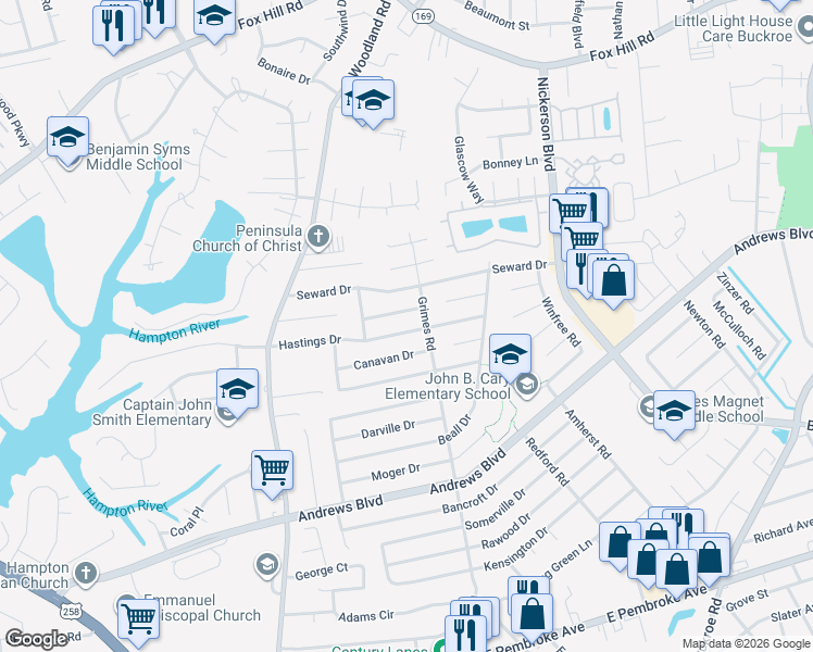 map of restaurants, bars, coffee shops, grocery stores, and more near 1515 Hastings Drive in Hampton