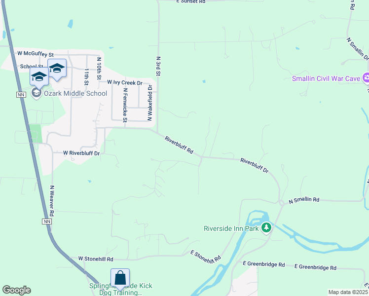 map of restaurants, bars, coffee shops, grocery stores, and more near Riverbluff Dr in Ozark