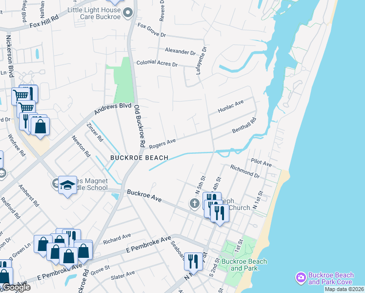 map of restaurants, bars, coffee shops, grocery stores, and more near 527 Rogers Avenue in Hampton