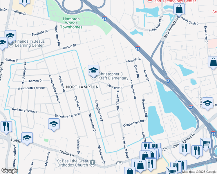 map of restaurants, bars, coffee shops, grocery stores, and more near 511 Concord Drive in Hampton