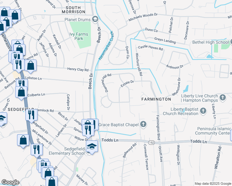 map of restaurants, bars, coffee shops, grocery stores, and more near 38 Estate Drive in Hampton