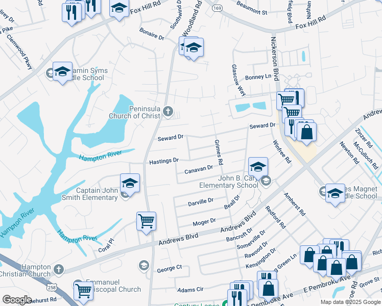 map of restaurants, bars, coffee shops, grocery stores, and more near 1500 Cronin Drive in Hampton