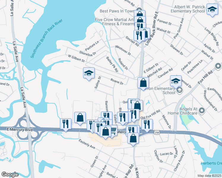 map of restaurants, bars, coffee shops, grocery stores, and more near 200 Boswell Dr in Hampton