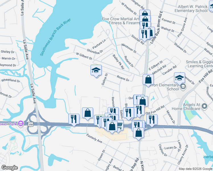 map of restaurants, bars, coffee shops, grocery stores, and more near 211 Courtney Drive in Hampton