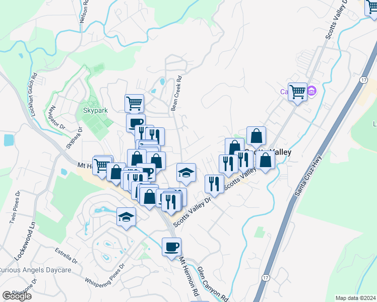 map of restaurants, bars, coffee shops, grocery stores, and more near 102 Oak Lane in Scotts Valley