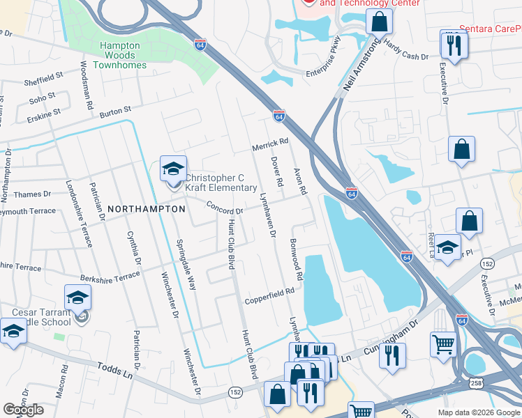 map of restaurants, bars, coffee shops, grocery stores, and more near 145 Lynnhaven Drive in Hampton