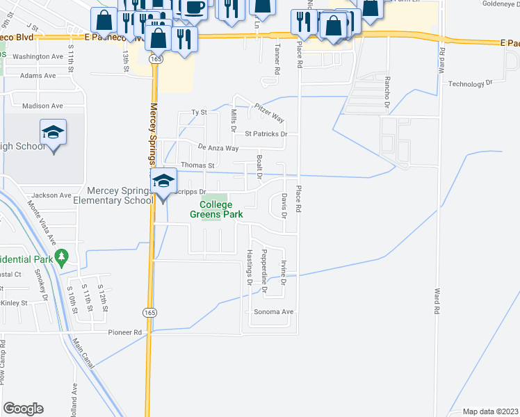 map of restaurants, bars, coffee shops, grocery stores, and more near 1841 Chabot Court in Los Banos