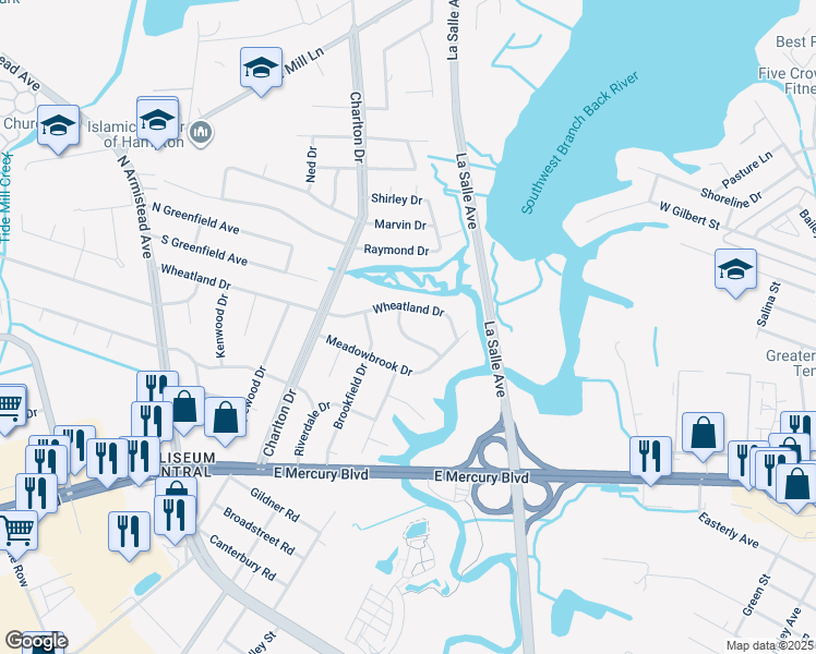 map of restaurants, bars, coffee shops, grocery stores, and more near 14 Woodbridge Drive in Hampton