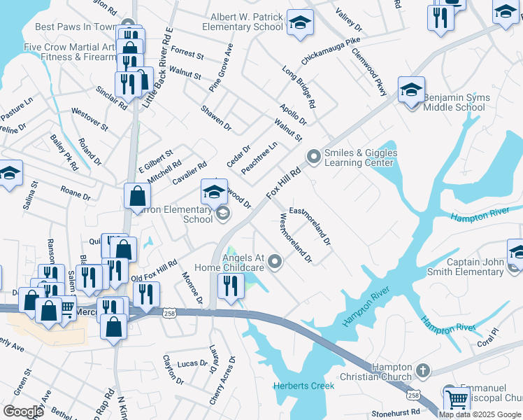 map of restaurants, bars, coffee shops, grocery stores, and more near 82 Virginia 169 in Hampton